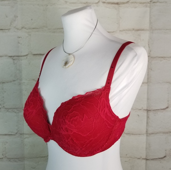 La Senza 36C Red Lace Overlay Push-Up Bra Thick Foam Padded Cups Underwire - Picture 2 of 10